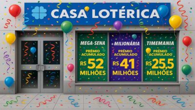 Fachada de casa lotérica com os maiores prêmios das loterias na semana.