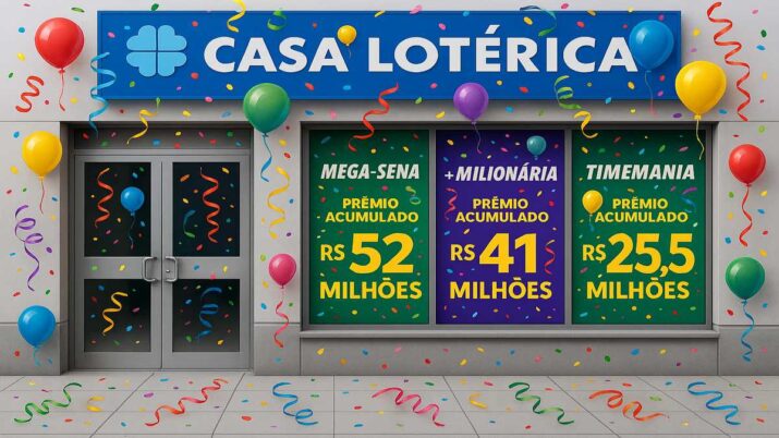 Fachada de casa lotérica com os maiores prêmios das loterias na semana.
