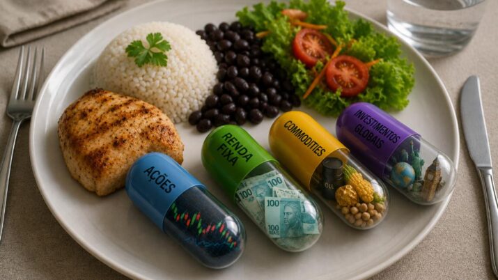 Imagem gerada por inteligência artificial mostra um prato de comida com pílulas de investimentos, com ações, renda fixa, commodities e investimentos internacionais
