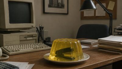 Uma mesa de escritório antigo. Em cima há um computador de barriga e uma gelatinha com um grampeador dentro.