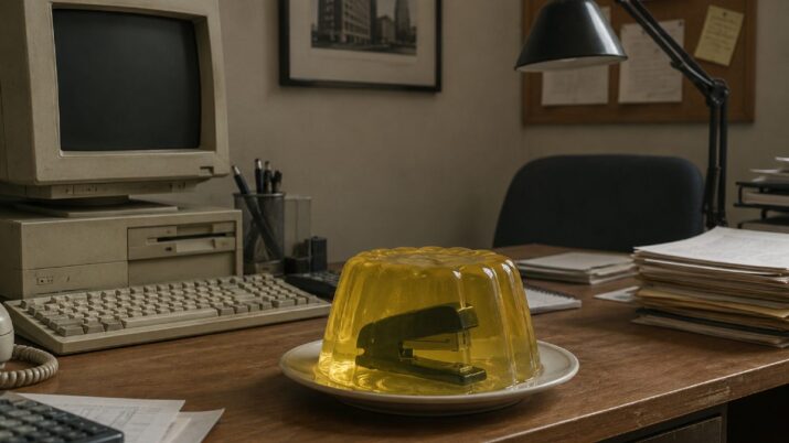 Uma mesa de escritório antigo. Em cima há um computador de barriga e uma gelatinha com um grampeador dentro.