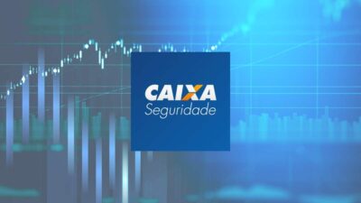 Montagem com a logo da caixa seguridade sobre um fundo azul com gráfico de ações