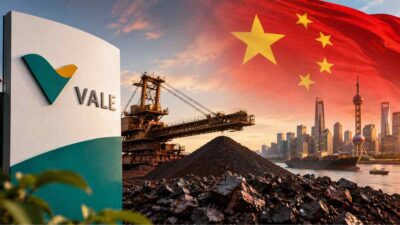 Imagem criada por inteligência artificial contendo a logo da Vale, objetos de mineração e a bandeira da China