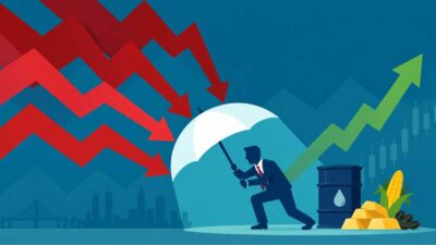 Imagem gerada por inteligência artificial com o desenho de um homem segurando um guarda chuva enquanto setas vermelhas apontam para ele, simbolizando o hedge dos investimentos
