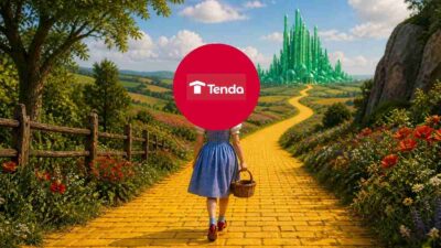 Tenda caminhando entre os tijolos dourados, em referência ao Mágico de Oz.