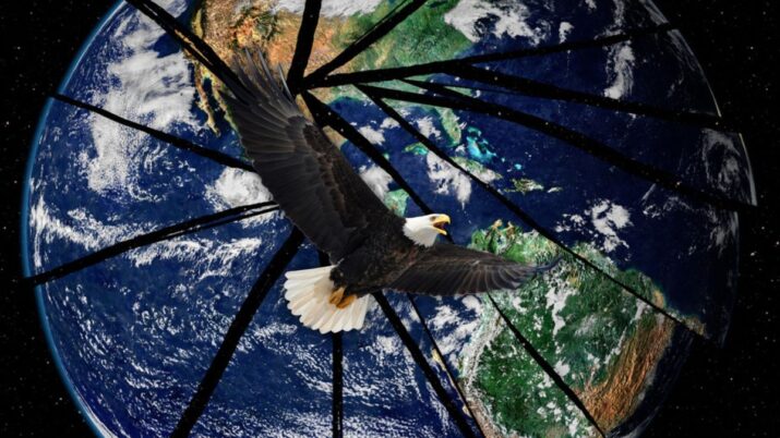 águia careca representando os estados unidos e globo em fragmentos - fim pax americana