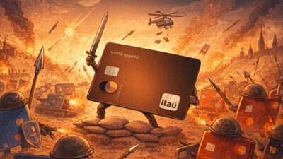 Ilustração feita por IA representando guerra dos cartões com o Itaú Private World Legend Mastercard