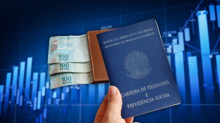 Montagem com carteira de trabalho, dinheiro em reais e gráfico de mercado