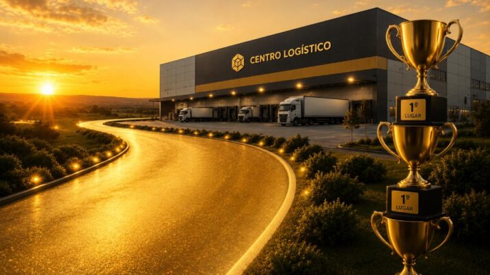 Imagem mostra um centro de distribuição com caminhões à sua frente, e uma estrada dourada levando até o ativo logístico. À direita estão troféus de primeiro lugar