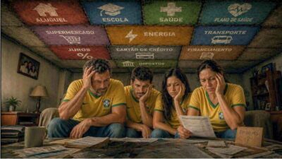 Família de quatro pessoas adultas, preocupadas e triste com o acúmulo de dívidas