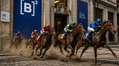 Imagem gerada por inteligência artificial mostra cavalos de corrida saindo da bolsa de valores brasileira