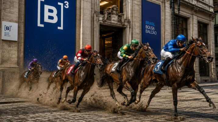 Imagem gerada por inteligência artificial mostra cavalos de corrida saindo da bolsa de valores brasileira