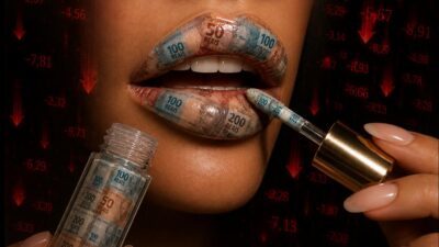 Imagem gerada por inteligência artificial mostra a parte de baixo do rosto de uma mulher. Ela está passando um lip gloss feito de notas de real em seus lábios, que também parecem ter notas de dinheiro. Ao redor, vemos números em vermelho, indicando queda