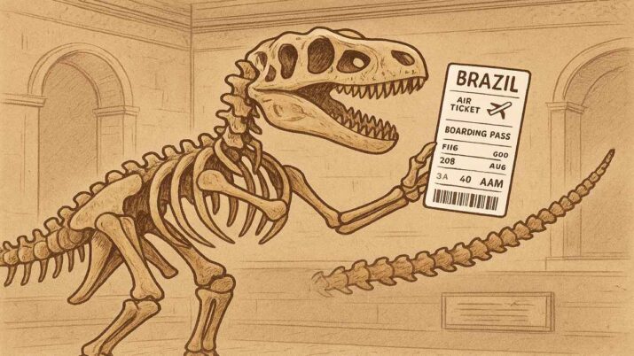 ilustração de fóssil de dinossauro segurando uma passagem para o Brasil