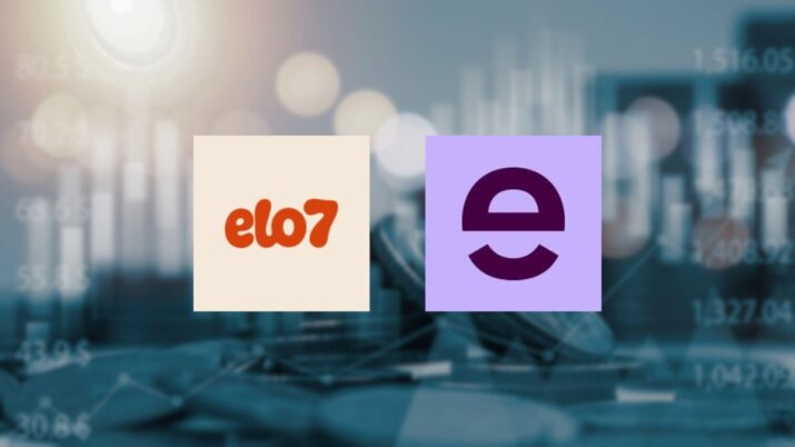 Logo do Elo7 e Enjoei e, ao fundo, gráficos e moedas para representar o mercado financeiro