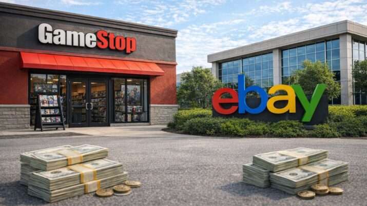 GameStop (GME) e eBay (EBAY) em uma montagem feita por inteligência artificial com lojas das duas empresas e ilustração de dinheiro