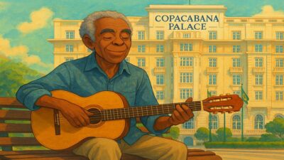 ilustração mostra gilberto gil tocando violão em Copacabana