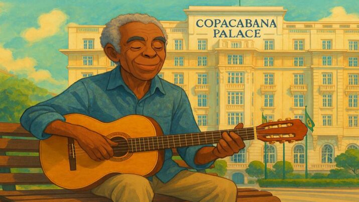 ilustração mostra gilberto gil tocando violão em Copacabana
