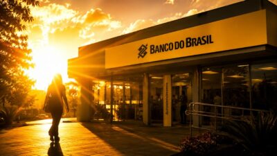 Imagem gerada por inteligência artificial mostra uma mulher caminhando em direção a uma agência do Banco do Brasil, com o sol por trás