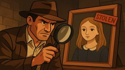 Ilustração de um detetive buscando pelo retrato de uma jovem
