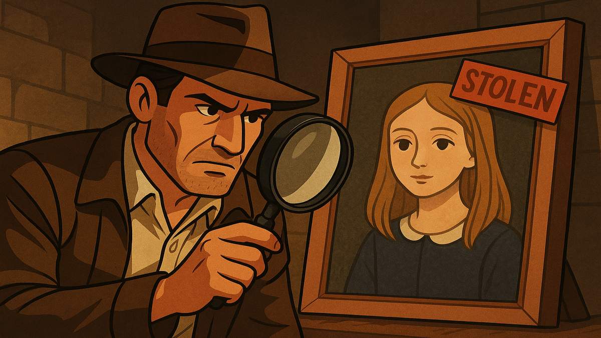 Ilustração de um detetive buscando pelo retrato de uma jovem