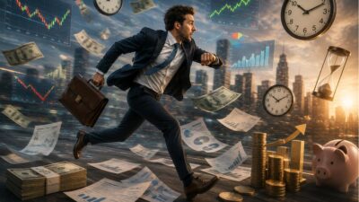 Imagem gerada por inteligência artificial mostra um investidor apressado, correndo. Ao redor dele estão relógios, gráficos de ações, dinheiro, um cofrinho e outros investimentos