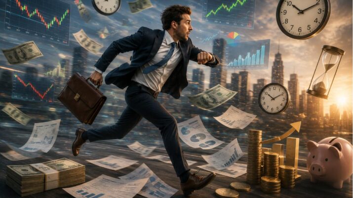 Imagem gerada por inteligência artificial mostra um investidor apressado, correndo. Ao redor dele estão relógios, gráficos de ações, dinheiro, um cofrinho e outros investimentos