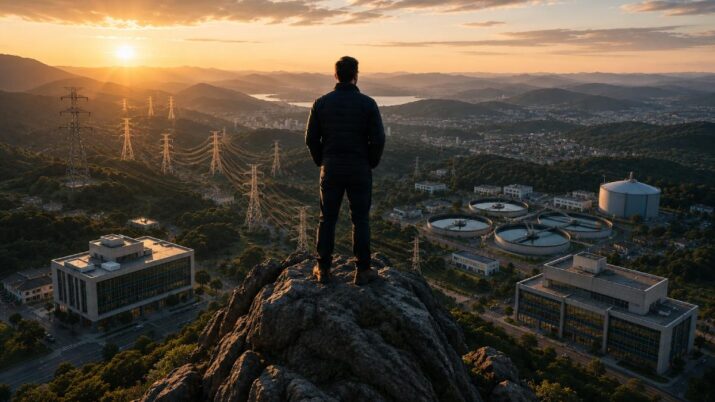 Imagem gerada por inteligência artificial mostra um investidor no topo de uma montanha. No vale, abaixo dele, estão linhas de transmissão de energia, uma empresa de saneamento, bancos e seguradoras