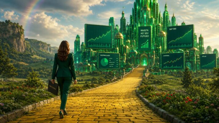 Imagem mostra uma investidora de terno verde andando em uma paisagem mágica e bucólica, com cachoeiras e florestas. Ela anda em uma estrada de tijolos amarelos na direção da cidade de esmeralda de investimentos, que tem gráficos da bolsa e de ações