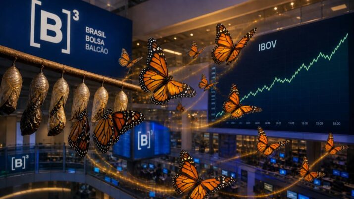 Imagem gerada por inteligência artificial mostra borboletas monarca saindo de seus casulos na bolsa de valores B3