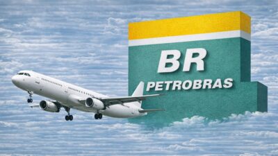 Montagem feita por inteligência artificial que mostra o logo da Petrobras e um avião