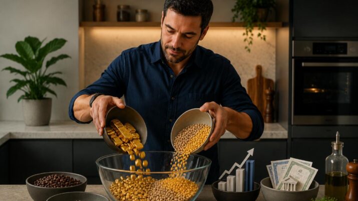Imagem gerada por inteligência artificial mostra um homem de camisa azul misturando ouro e commodities em uma tigela. Há outros investimentos ao redor dele, e ele está em uma cozinha
