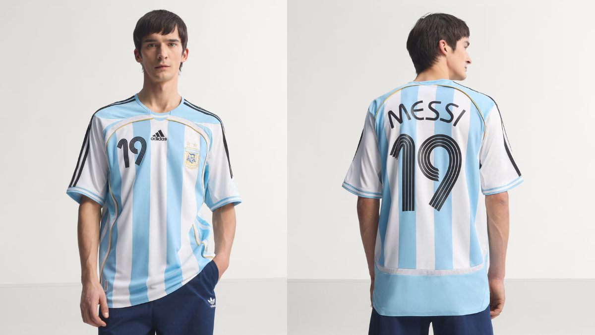 Blusa de futebol estampada com listras das cores da bandeira da argentina (azul e branco), com Messi e número 10 escritos atrás