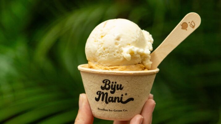 duas bolas de sorvete em um copinho com o logo da Biju Mani