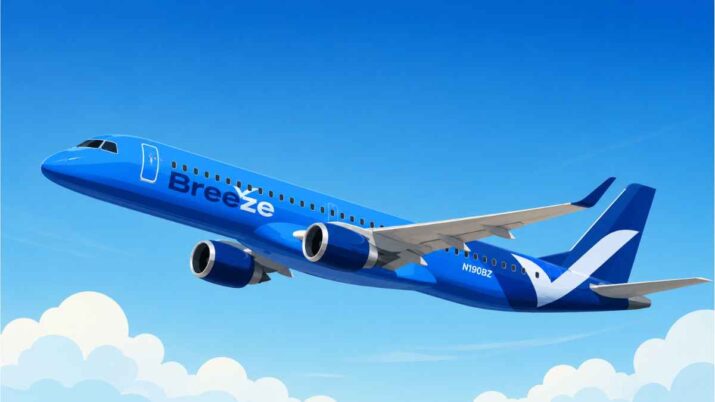 Ilustração de um avião da Breeze Airways em tons de azul voando sobre nuvens sob um céu limpo, representando os planos de expansão e abertura de capital da companhia aérea americana