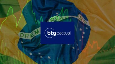 Bandeira do Brasil sobreposta por um gráfico de ações e a logo do BTG Pactual ao centro representando as estimativas do banco para a economia brasileira