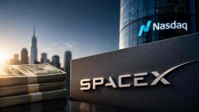 Montagem ilustrativa mostra o logotipo da SpaceX em primeiro plano ao lado de pilhas de dólares, com o prédio da Nasdaq ao fundo. A imagem representa a abertura de capital da empresa de Elon Musk e sua estreia na bolsa americana.