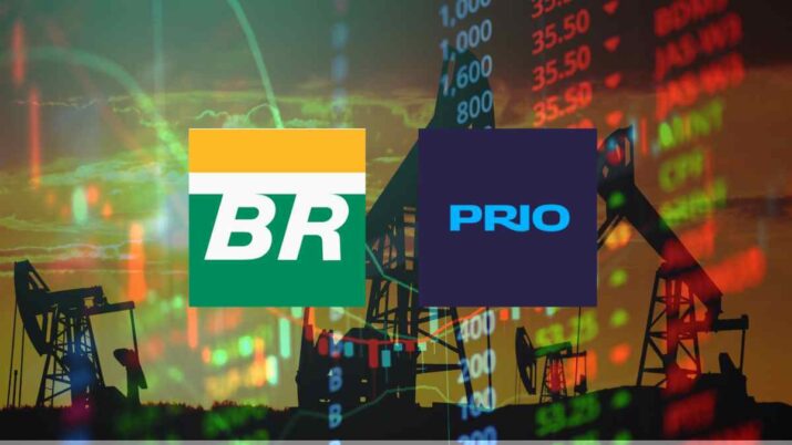 Montagem com um fundo de campo de petróleo sobreposto com gráficos de ações e as logos de petrobras e prio ao centro representando o desempenho das ações das companhias na bolsa de valores