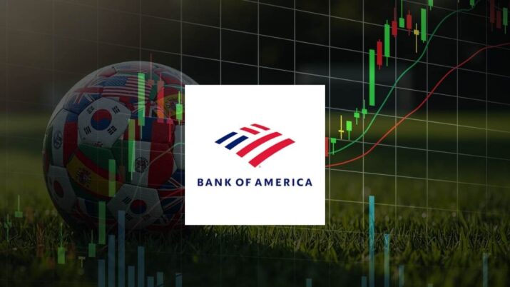 Bola de futebol ao fundo com as bandeiras de vários países representando a copa do mundo, sobreposta com um gráfico de ações representando os ativos dos gestores e a logo do bank ok america ao centro