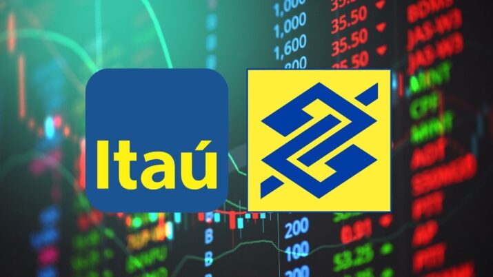 grafíco de ações ao fundo e as logos do itaú e do banco do brasil ao centro representando as ações dos bancos na bolsa