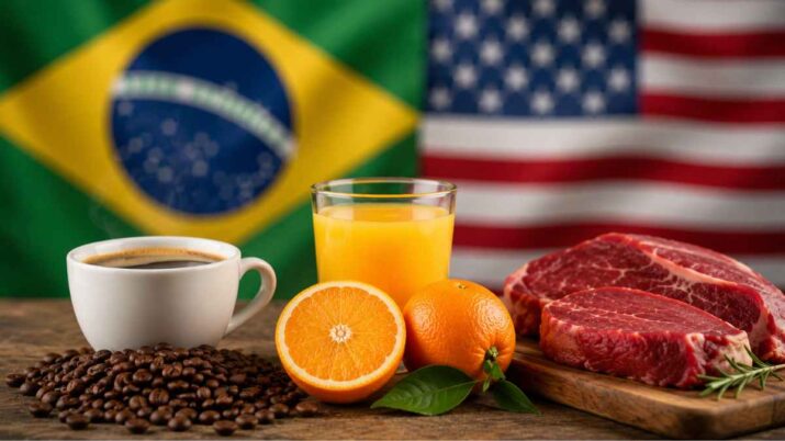 Grãos de café, copo de suco de laranja e cortes de carne bovina dispostos sobre uma mesa, com as bandeiras do Brasil e dos Estados Unidos desfocadas ao fundo, simbolizando o comércio agrícola entre os dois países.