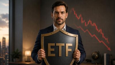 Imagem gerada por inteligência artificial mostra um investidor de terno preto segurando um escudo em que está escrito ETF. Ele está em um escritório e, ao fundo, vemos gráficos vermelhos em queda
