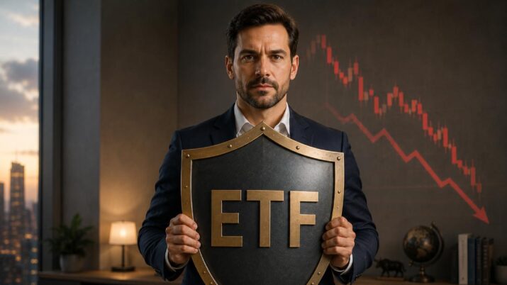 Imagem gerada por inteligência artificial mostra um investidor de terno preto segurando um escudo em que está escrito ETF. Ele está em um escritório e, ao fundo, vemos gráficos vermelhos em queda