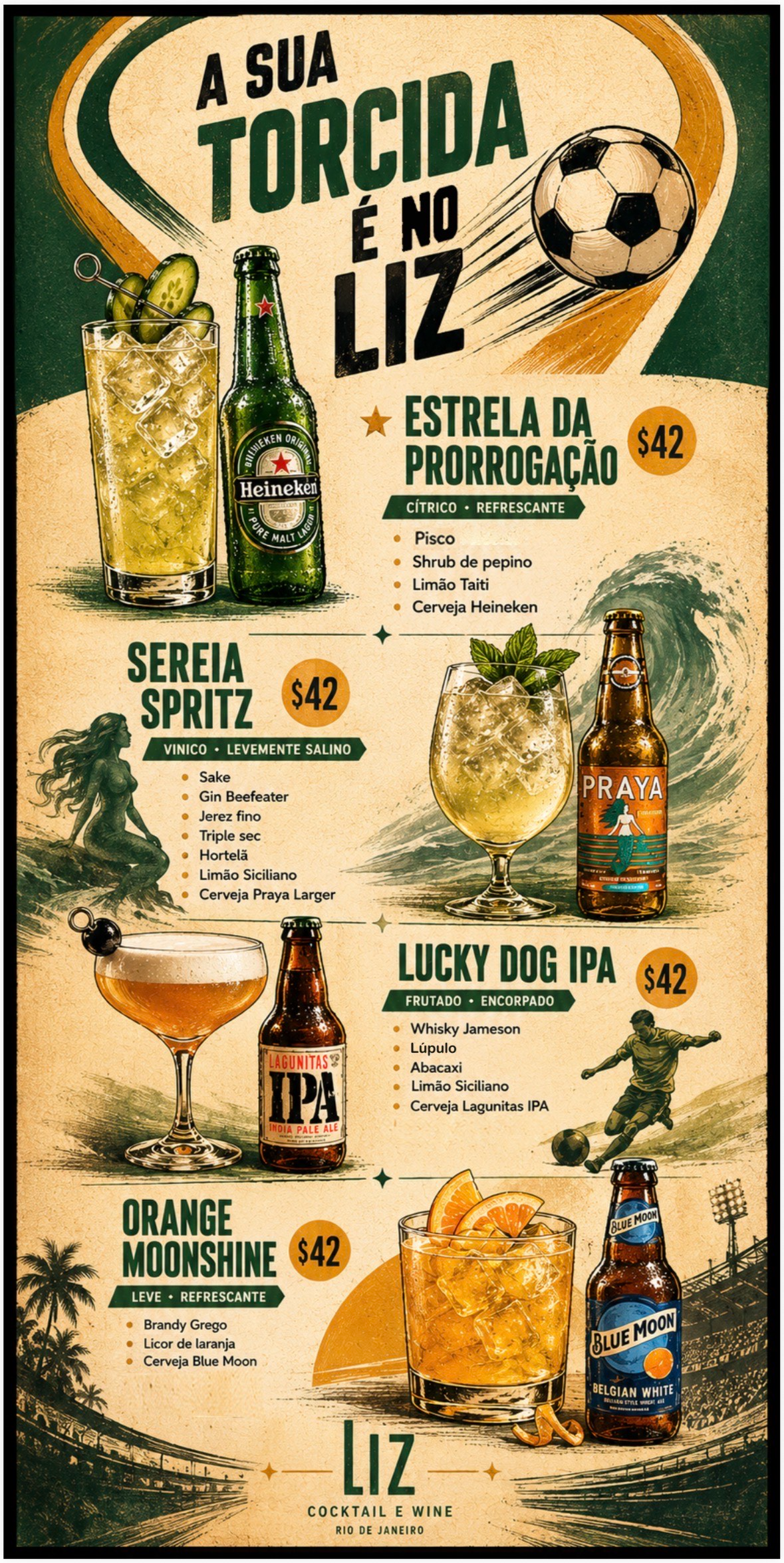cartaz com cardápio de bebidas comemorativas da copa do Liz Cocktail & Wine