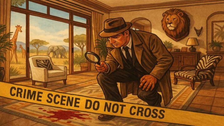 Ilustração de um detetive investigando caso de mortes misteriosas