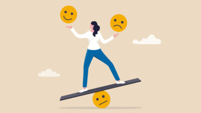 Emotional intelligence, balance emotion control feeling between work stressed or sadness and happy lifestyle concept, mindful calm woman using her hand to balance smile and sad face.