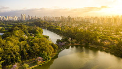Parque com lago e árvores no meio de prédios