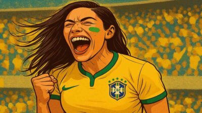 Torcedora da seleção brasileira comemora gol e feriado.