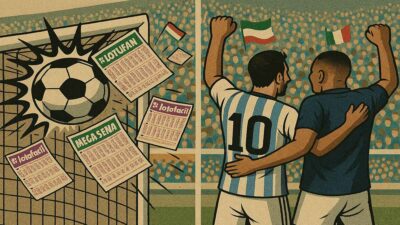 Lotofácil e Mega-Sena acumulam enquanto Messi e Mbappé comemoram.