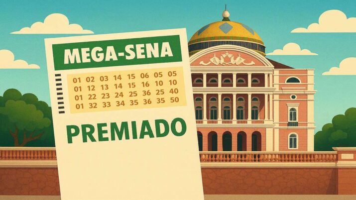 Ilustração com bilhete premiado de Mega-Sena em frente ao Teatro Amazonas em Manaus.